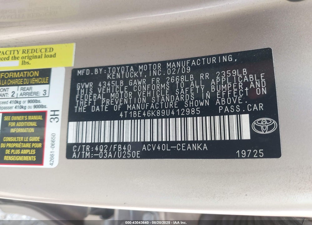 2009 TOYOTA CAMRY VIN: 4T1BE46K89U412985