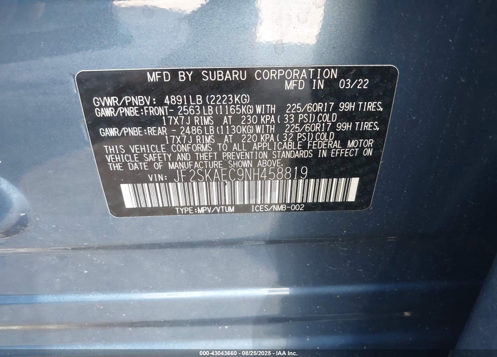 2022 SUBARU FORESTER VIN: JF2SKAEC9NH458819