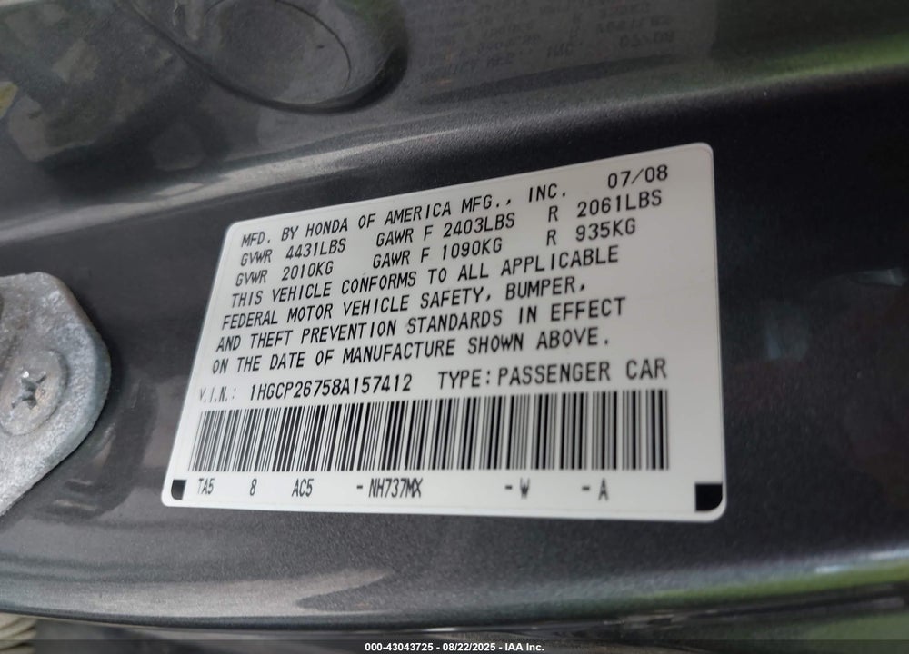 2008 HONDA ACCORD VIN: 1HGCP26758A157412