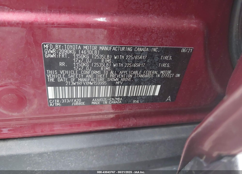 2021 TOYOTA RAV4 VIN: 2T3W1RFVXMW159995