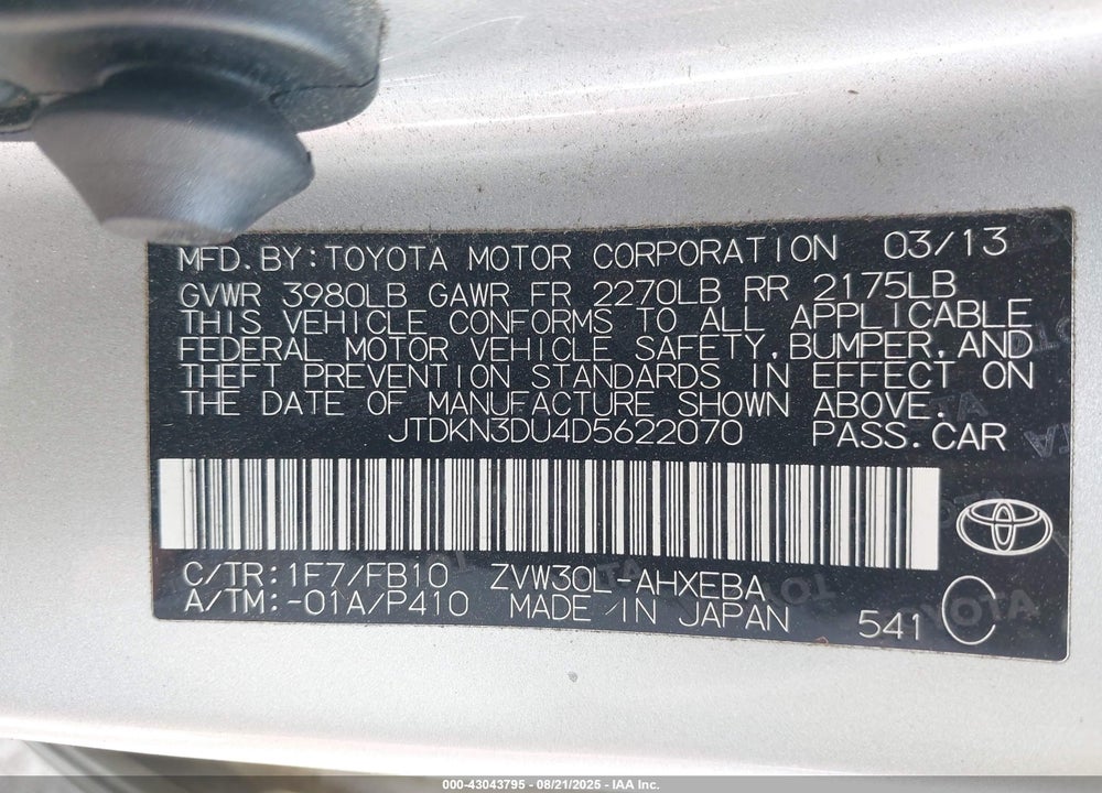 2013 TOYOTA PRIUS VIN: JTDKN3DU4D5622070