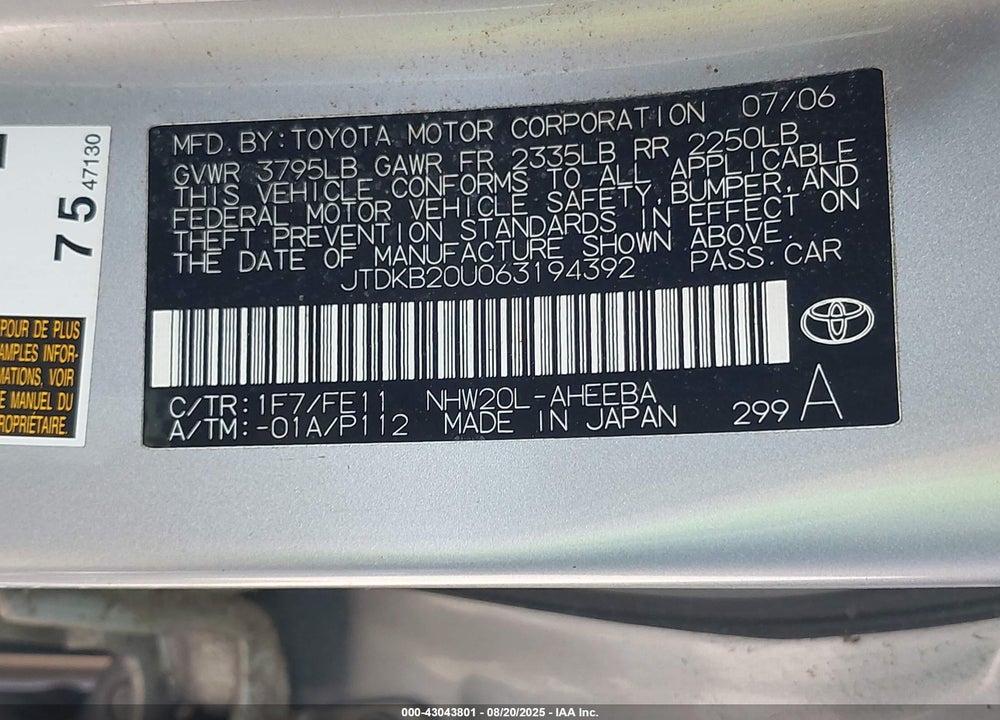 2006 TOYOTA PRIUS VIN: JTDKB20U063194392