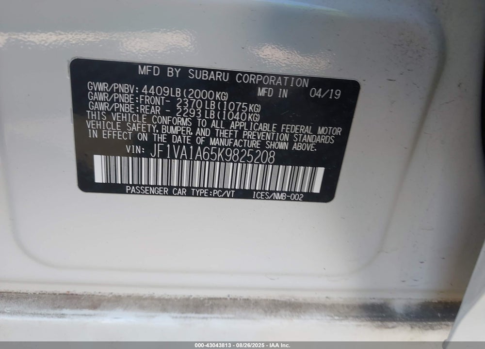 2019 SUBARU WRX VIN: JF1VA1A65K9825208