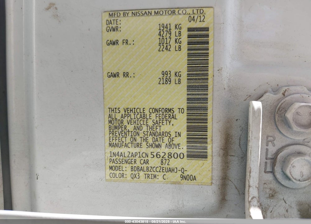 2012 NISSAN ALTIMA VIN: 1N4AL2AP1CN562800