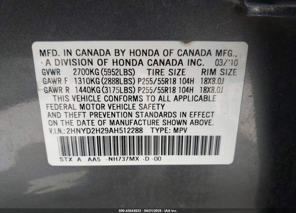 2010 ACURA MDX VIN: 2HNYD2H29AH512288