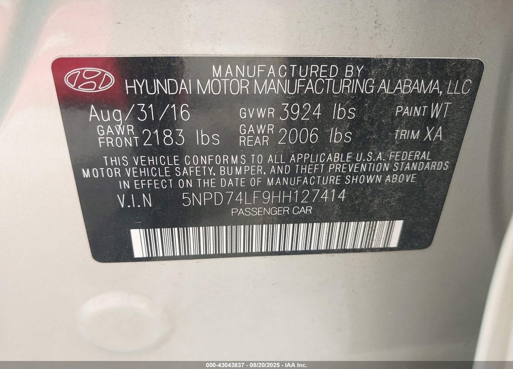 2017 HYUNDAI ELANTRA SE VIN: 5NPD74LF9HH127414