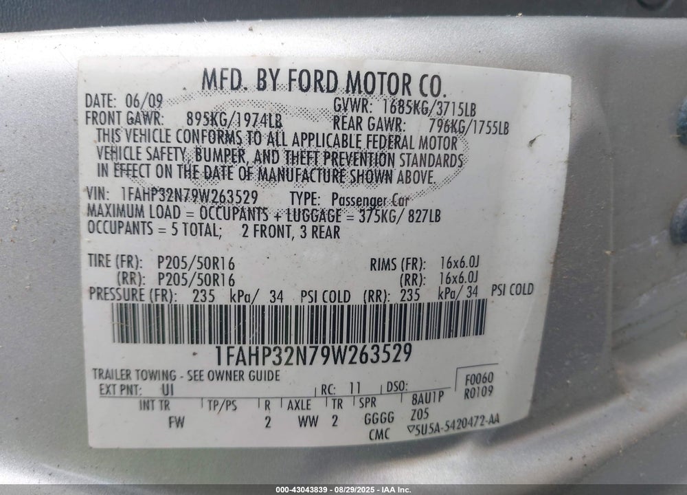 2009 FORD FOCUS VIN: 1FAHP32N79W263529