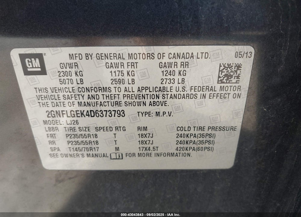 2013 CHEVROLET EQUINOX VIN: 2GNFLGEK4D6373793