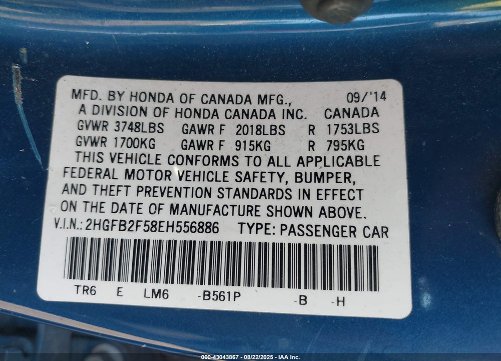 2014 HONDA CIVIC VIN: 2HGFB2F58EH556886