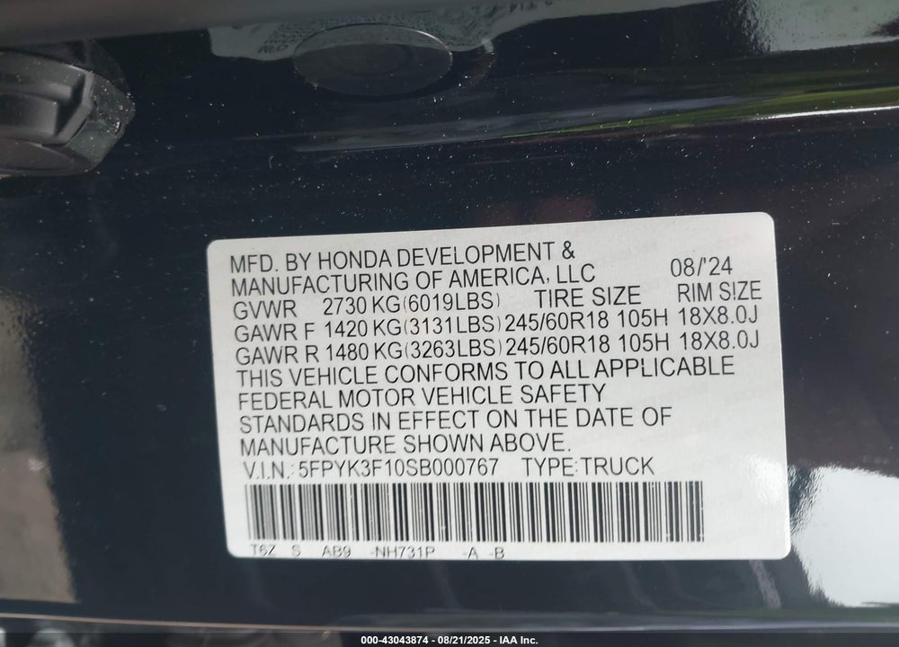2025 HONDA RIDGELINE VIN: 5FPYK3F10SB000767
