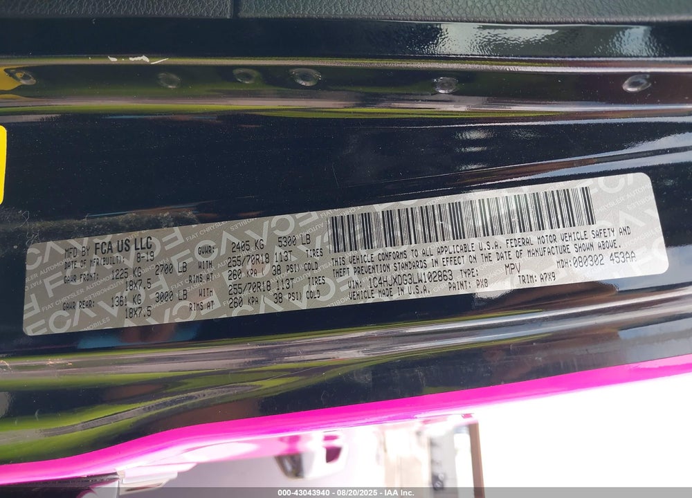 2020 JEEP WRANGLER UNLIMITED VIN: 1C4HJXDG3LW102863