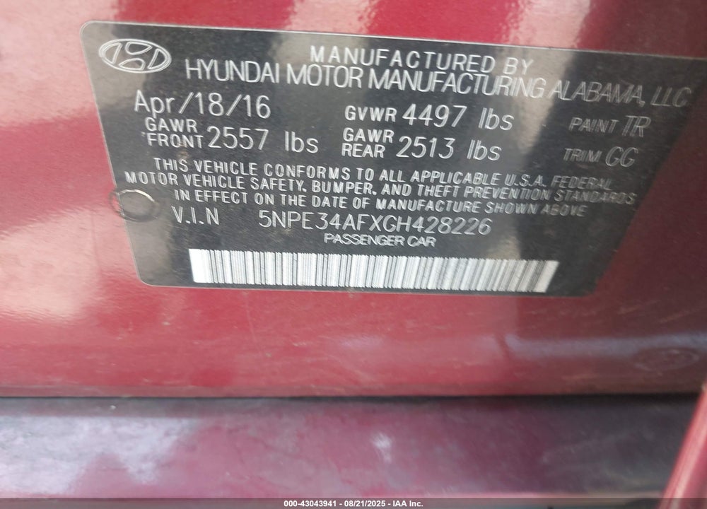 2016 HYUNDAI SONATA VIN: 5NPE34AFXGH428226