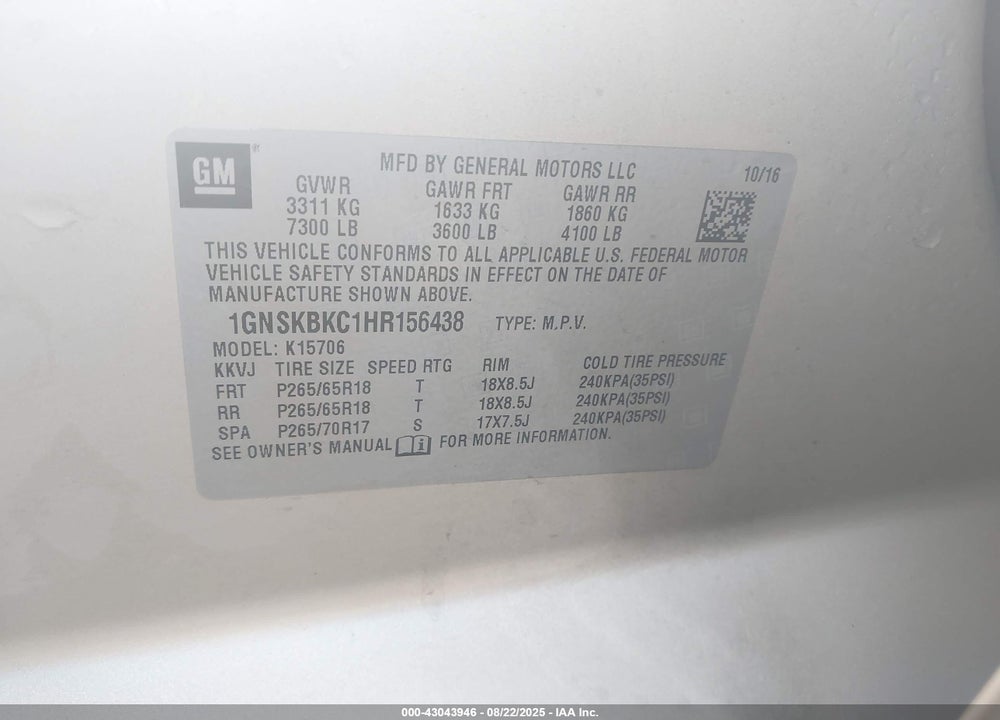 2017 CHEVROLET TAHOE VIN: 1GNSKBKC1HR156438