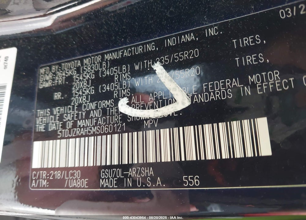 2021 TOYOTA HIGHLANDER VIN: 5TDJZRAH5MS060121