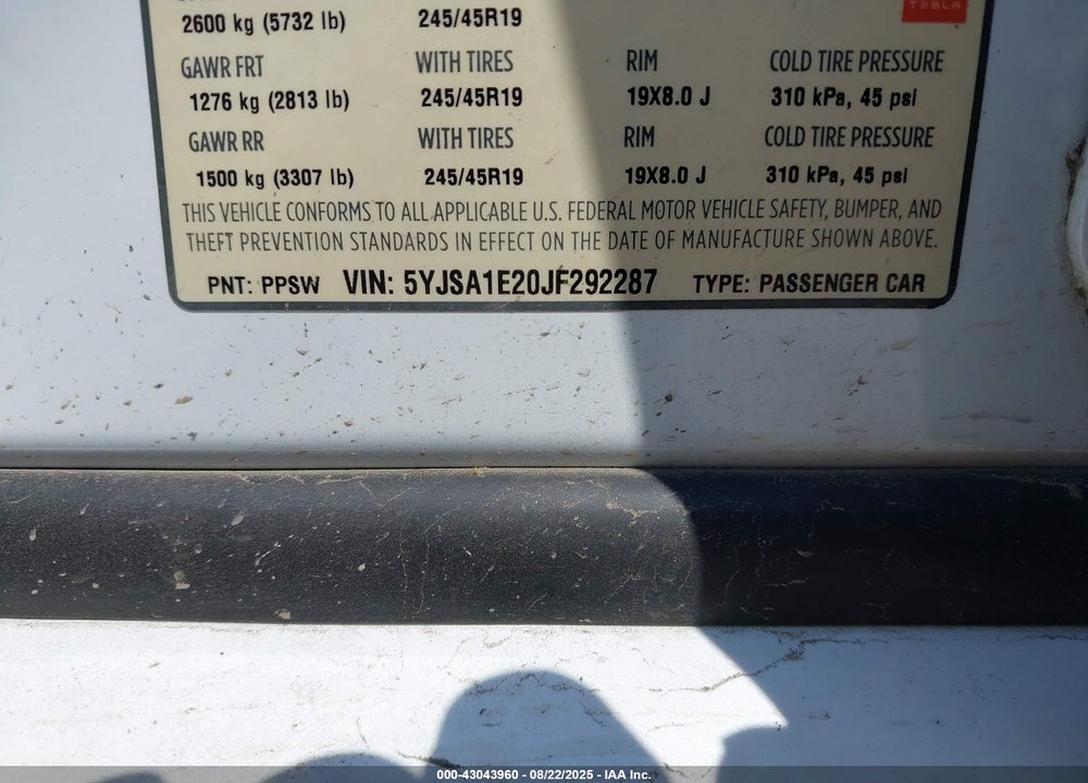 2018 TESLA MODEL S VIN: 5YJSA1E20JF292287