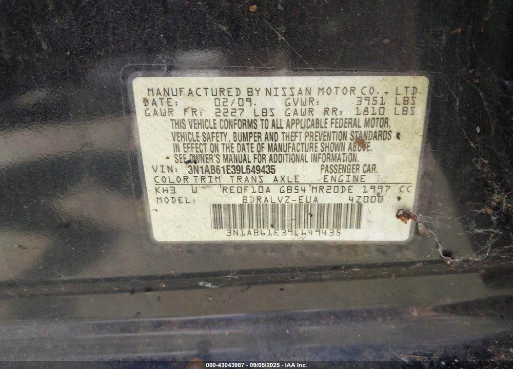 2009 NISSAN SENTRA 2.0SL VIN: 3N1AB61E39L649435