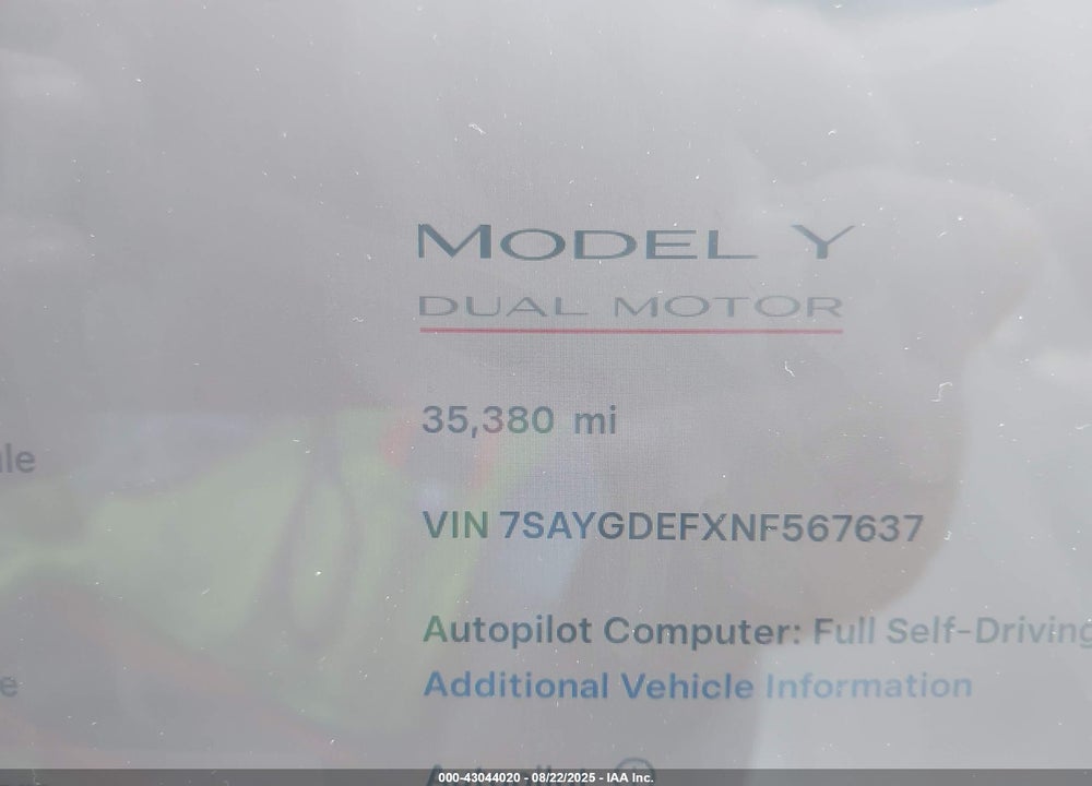 2022 TESLA MODEL Y VIN: 7SAYGDEFXNF567637