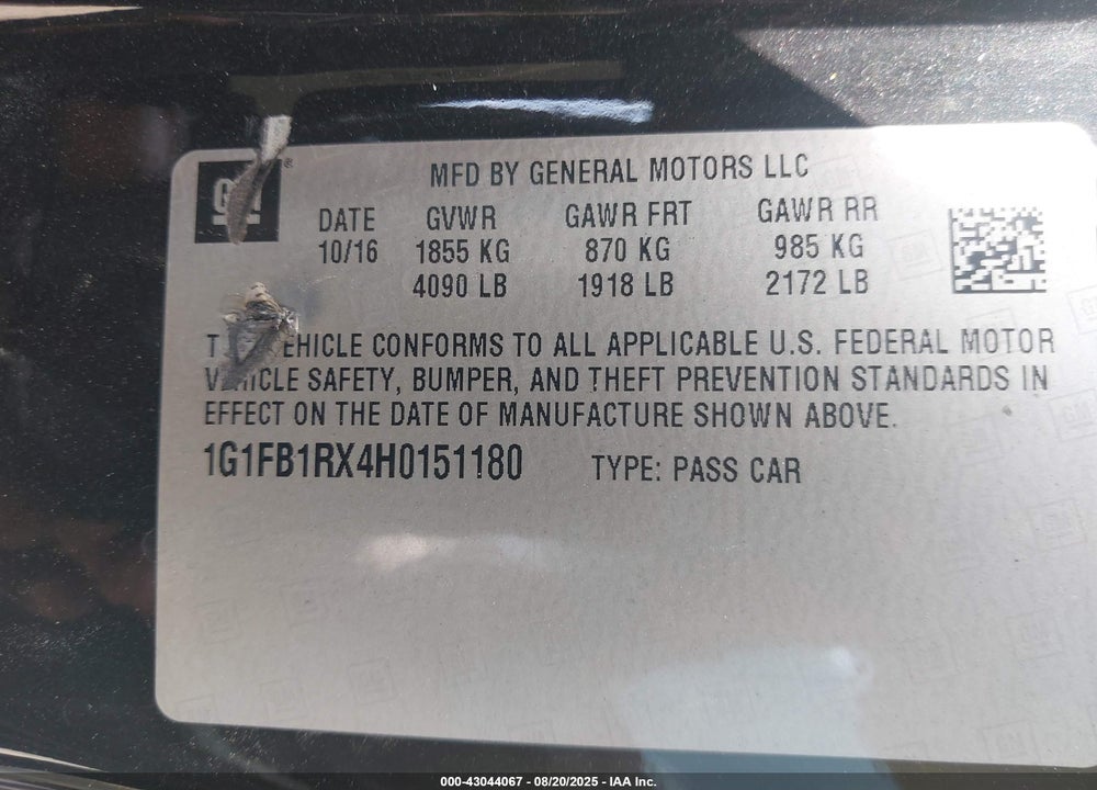2017 CHEVROLET CAMARO VIN: 1G1FB1RX4H0151180