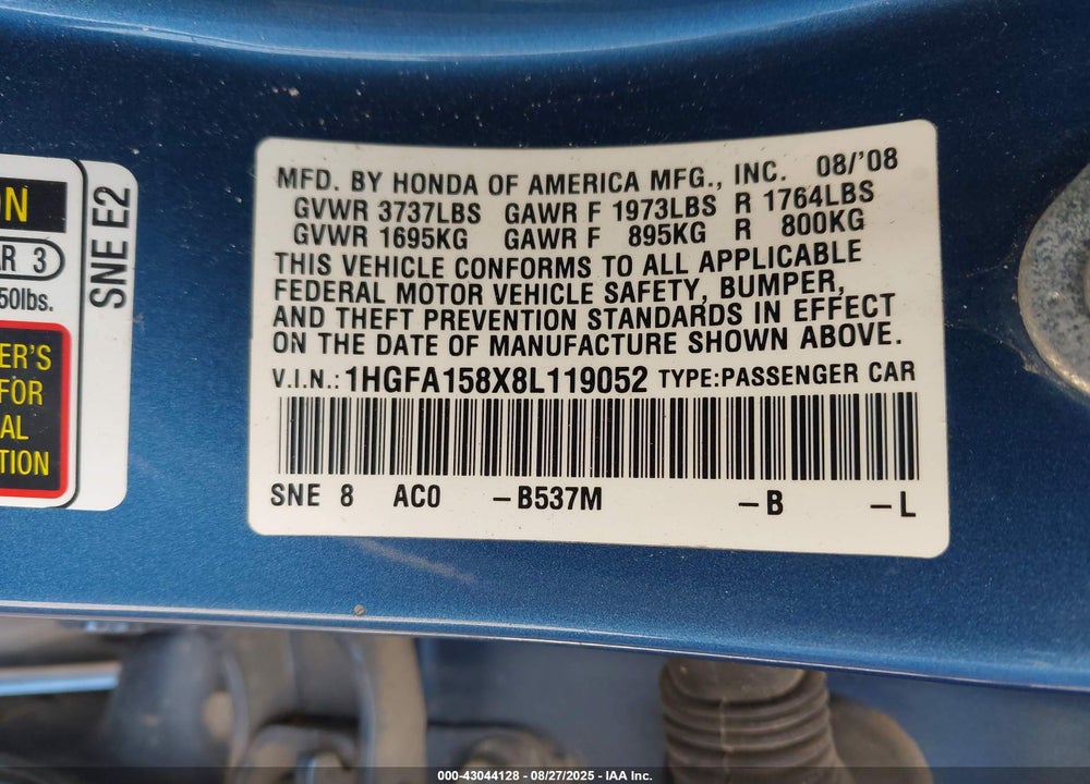 2008 HONDA CIVIC EX VIN: 1HGFA158X8L119052