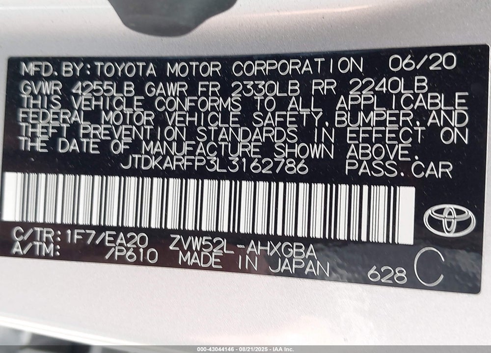 2020 TOYOTA PRIUS PRIME VIN: JTDKARFP3L3162786