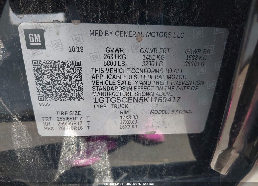 2019 GMC CANYON SLE VIN: 1GTG5CEN5K1169417
