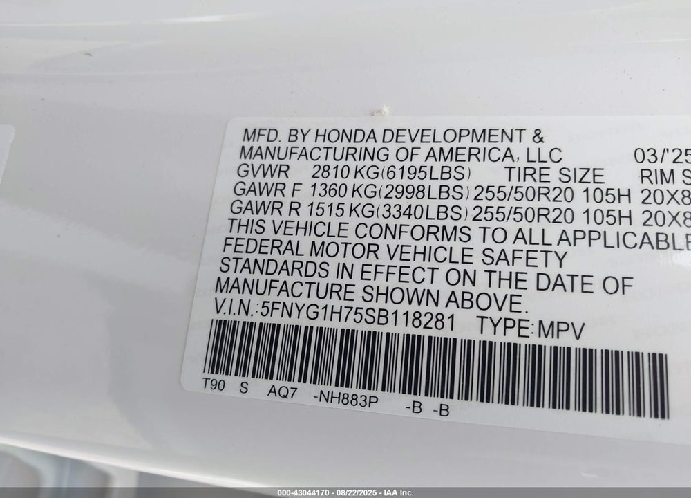 2025 HONDA PILOT TOURING VIN: 5FNYG1H75SB118281