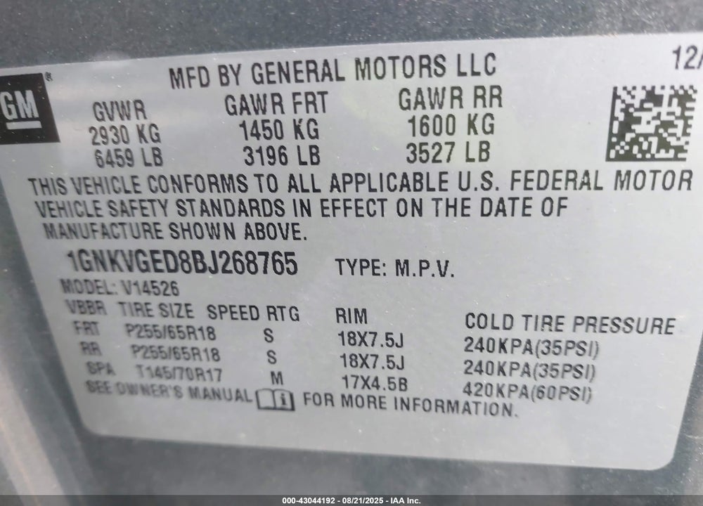 2011 CHEVROLET TRAVERSE VIN: 1GNKVGED8BJ268765