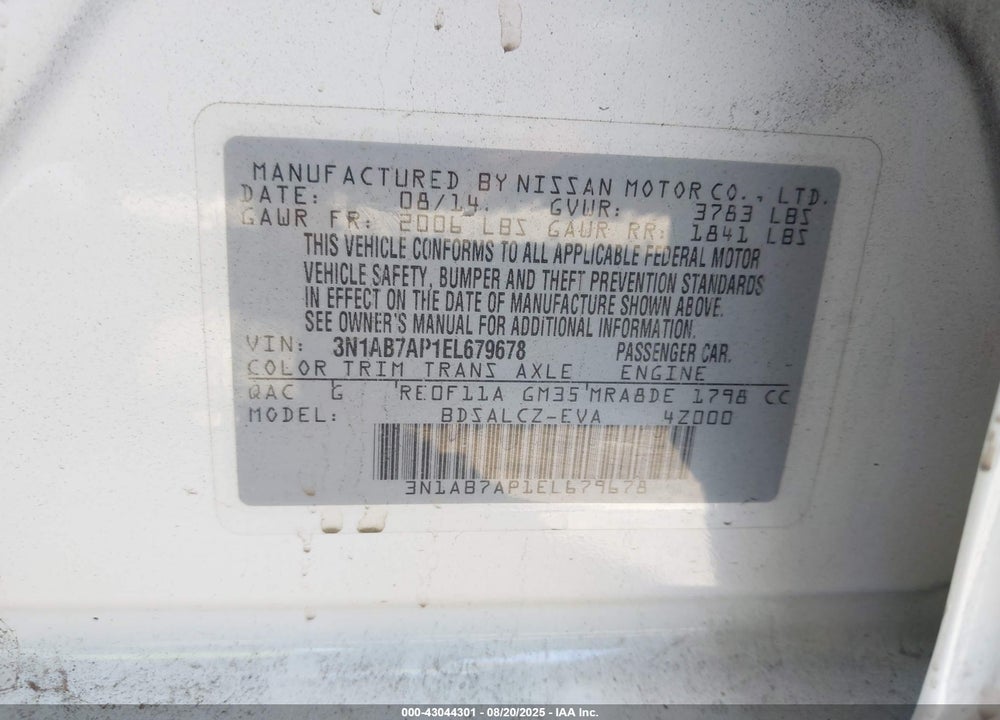 2014 NISSAN SENTRA VIN: 3N1AB7AP1EL679678
