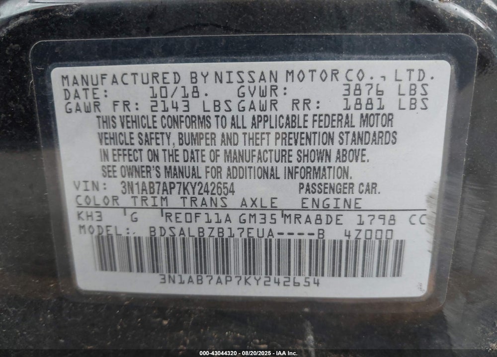 2019 NISSAN SENTRA S VIN: 3N1AB7AP7KY242654