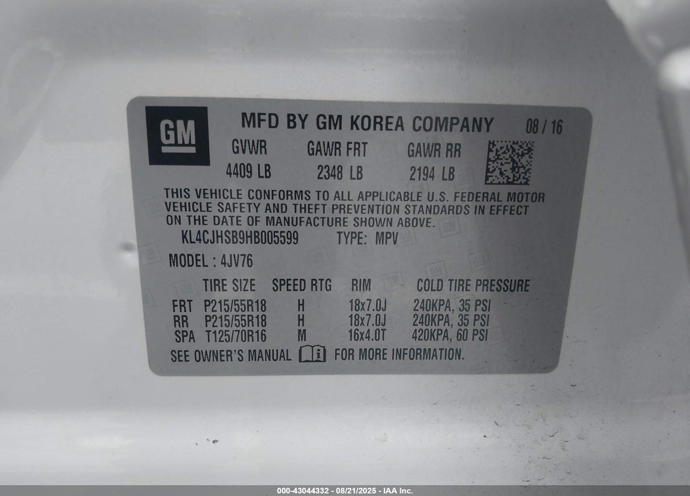 2017 BUICK ENCORE PREMIUM VIN: KL4CJHSB9HB005599