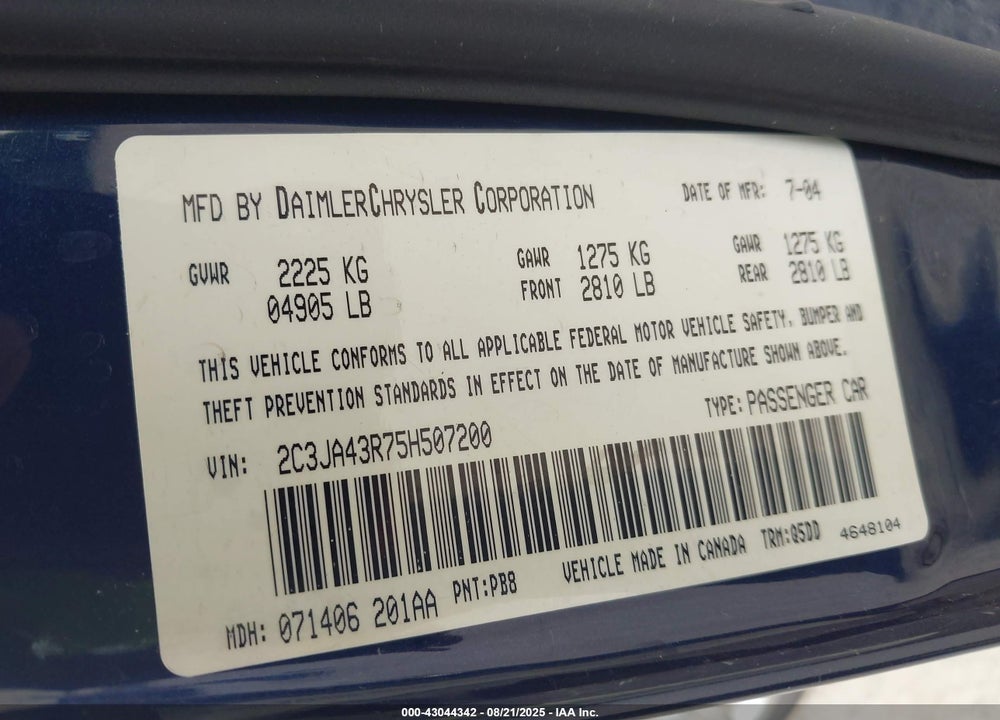 2005 CHRYSLER 300 VIN: 2C3JA43R75H507200