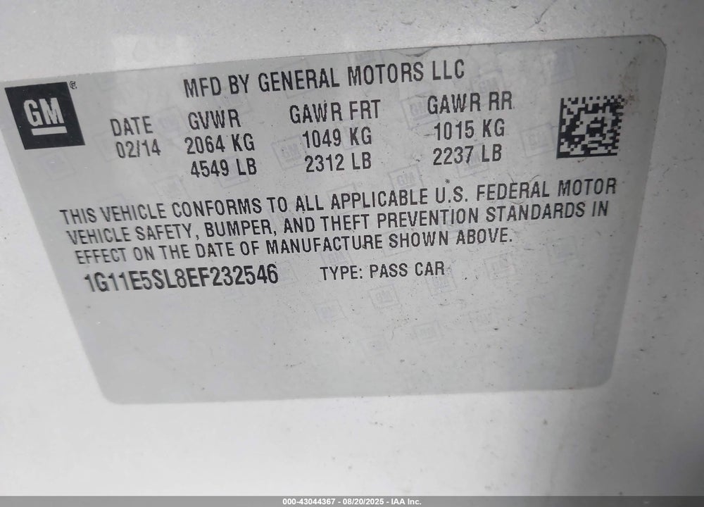 2014 CHEVROLET MALIBU VIN: 1G11E5SL8EF232546