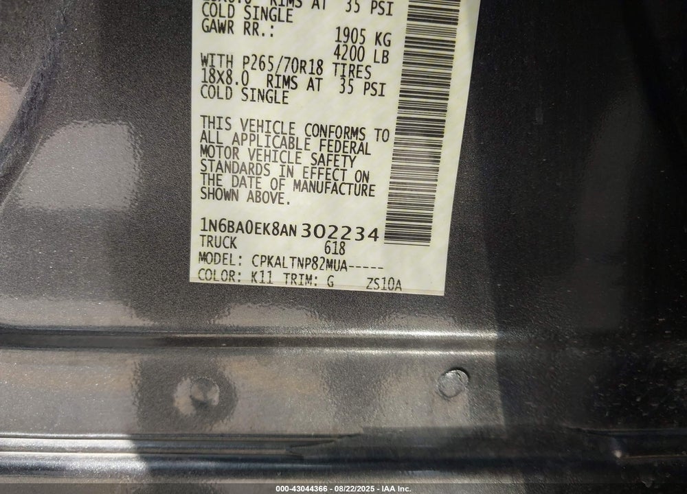 2010 NISSAN TITAN VIN: 1N6BA0EK8AN302234