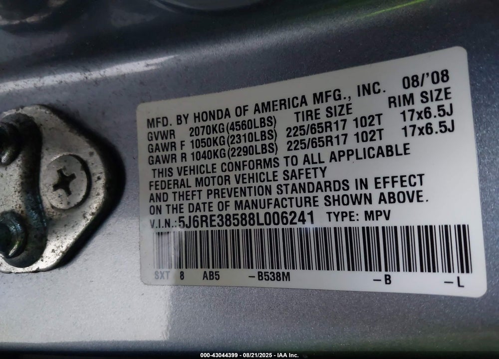 2008 HONDA CR-V EX VIN: 5J6RE38588L006241
