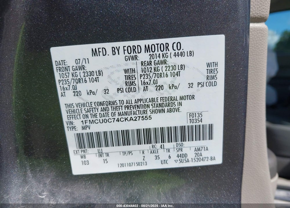 2012 FORD ESCAPE VIN: 1FMCU0C74CKA27555
