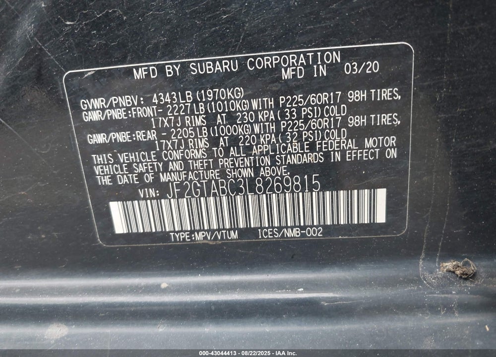 2020 SUBARU CROSSTREK VIN: JF2GTABC3L8269815