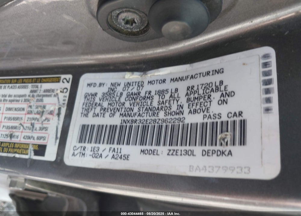 2008 TOYOTA COROLLA VIN: 1NXBR32E28Z962292