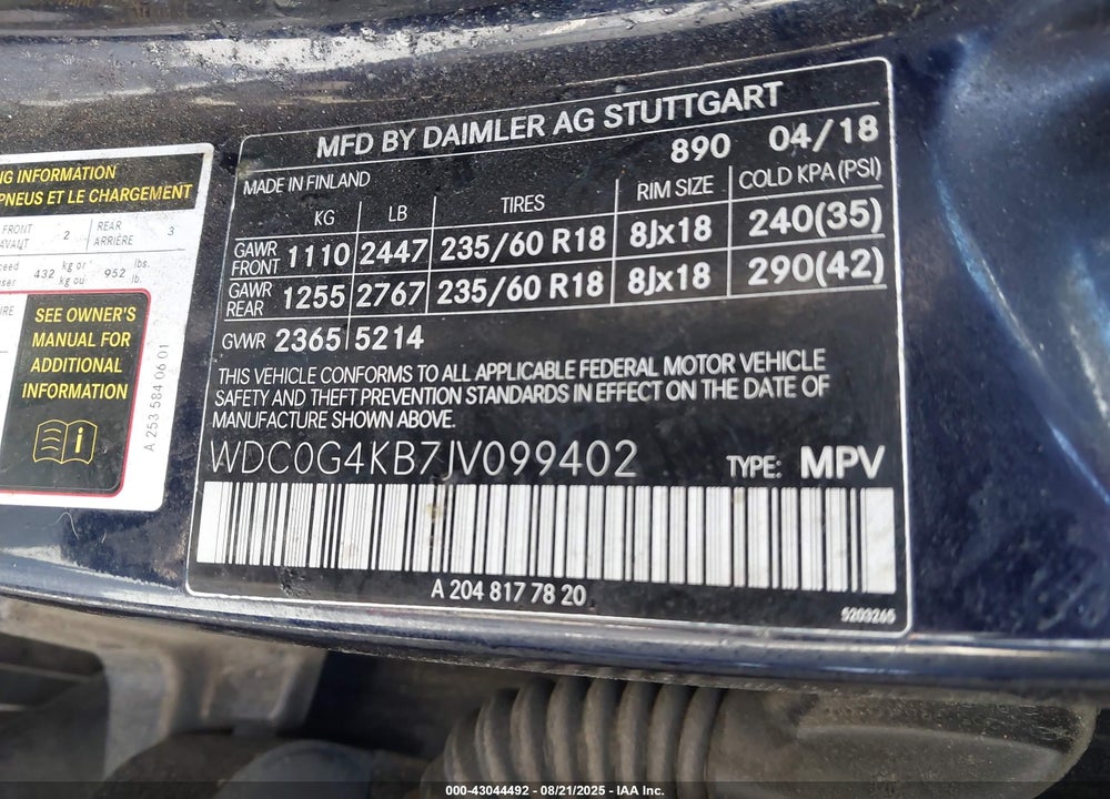 2018 MERCEDES-BENZ GLC 300 4MATIC VIN: WDC0G4KB7JV099402