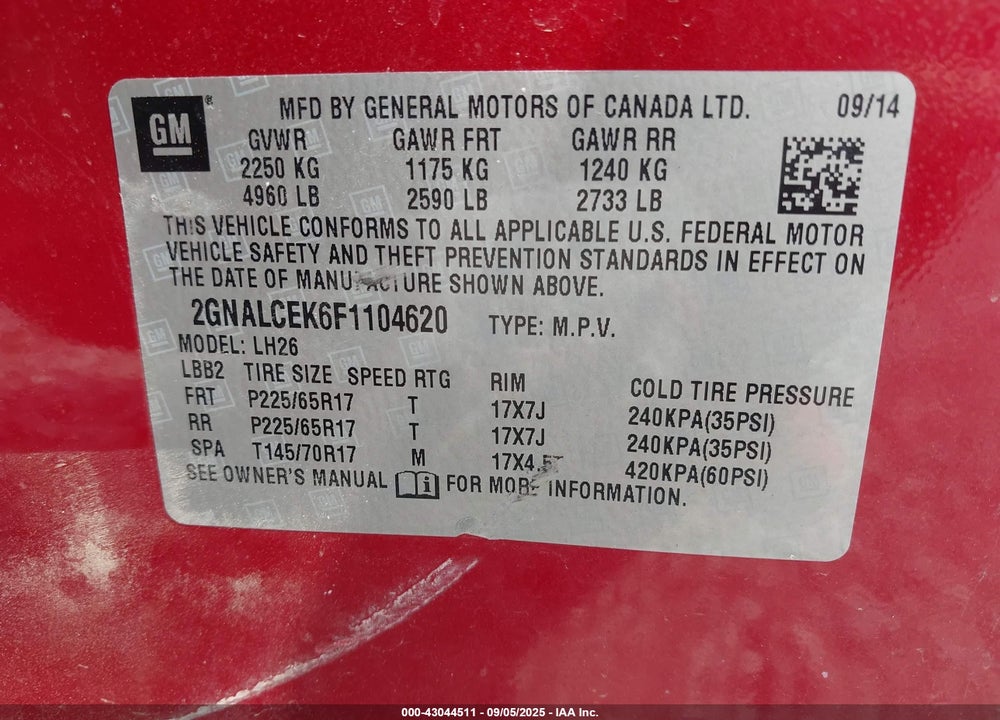 2015 CHEVROLET EQUINOX VIN: 2GNALCEK6F1104620