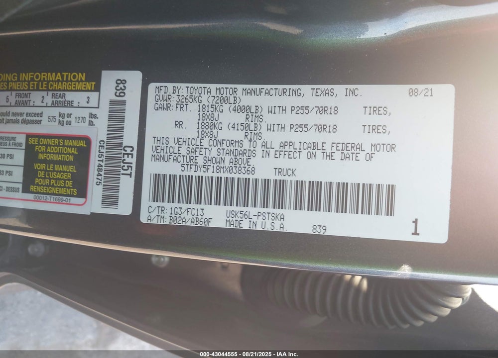 2021 TOYOTA TUNDRA VIN: 5TFDY5F18MX038368
