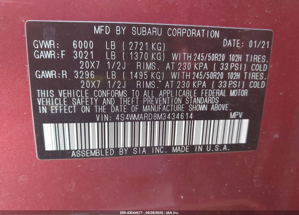 2021 SUBARU ASCENT VIN: 4S4WMARD8M3434614