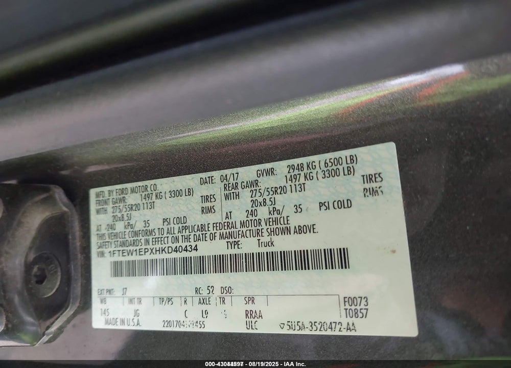 2017 FORD F-150 VIN: 1FTEW1EPXHKD40434