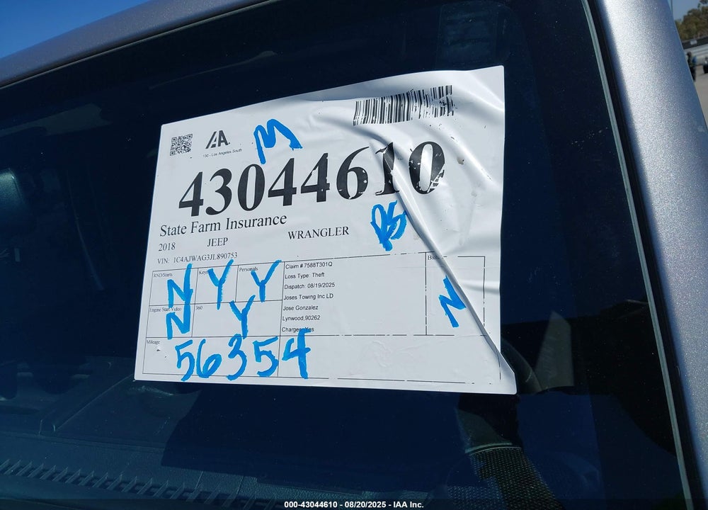 2018 JEEP WRANGLER / VIN: 1C4AJWAG3JL890753