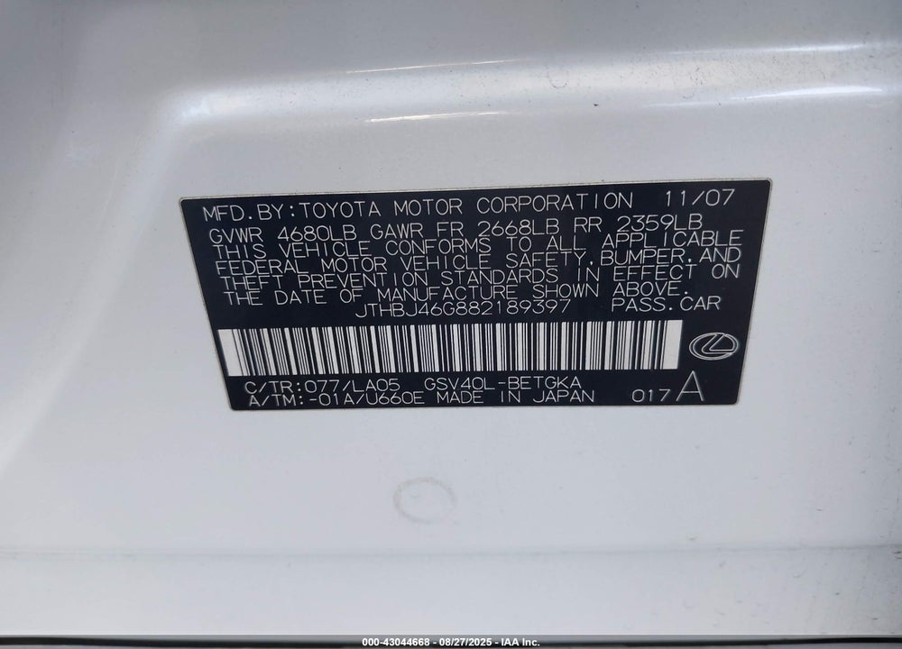 2008 LEXUS ES 350 VIN: JTHBJ46G882189397