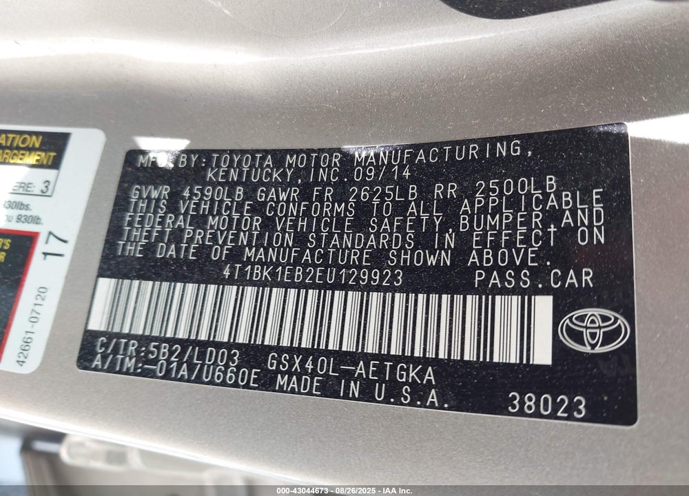 2014 TOYOTA AVALON VIN: 4T1BK1EB2EU129923