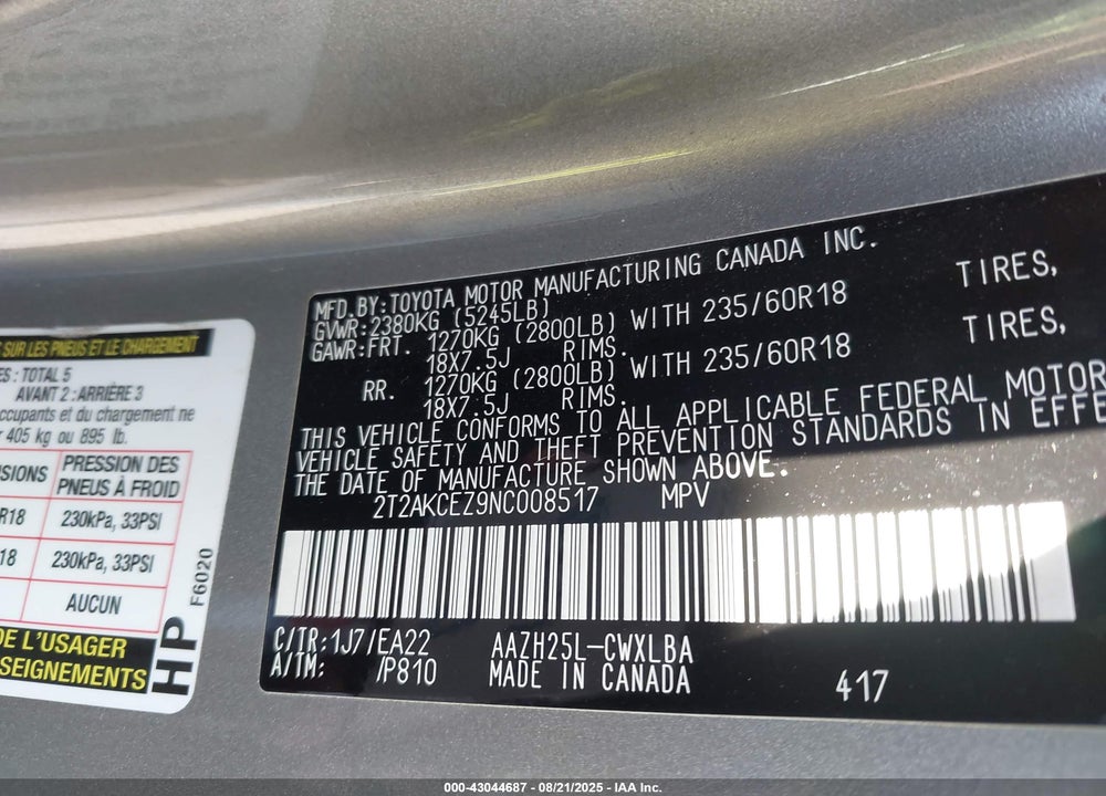 2022 LEXUS NX 350H VIN: 2T2AKCEZ9NC008517