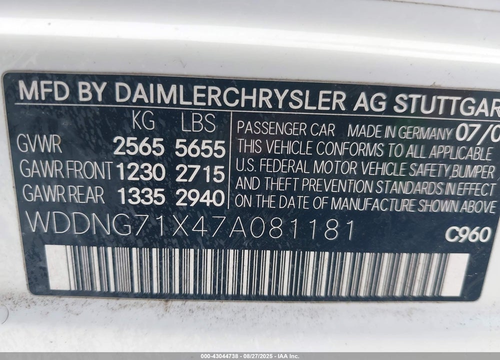 2007 MERCEDES-BENZ S 550 VIN: WDDNG71X47A081181