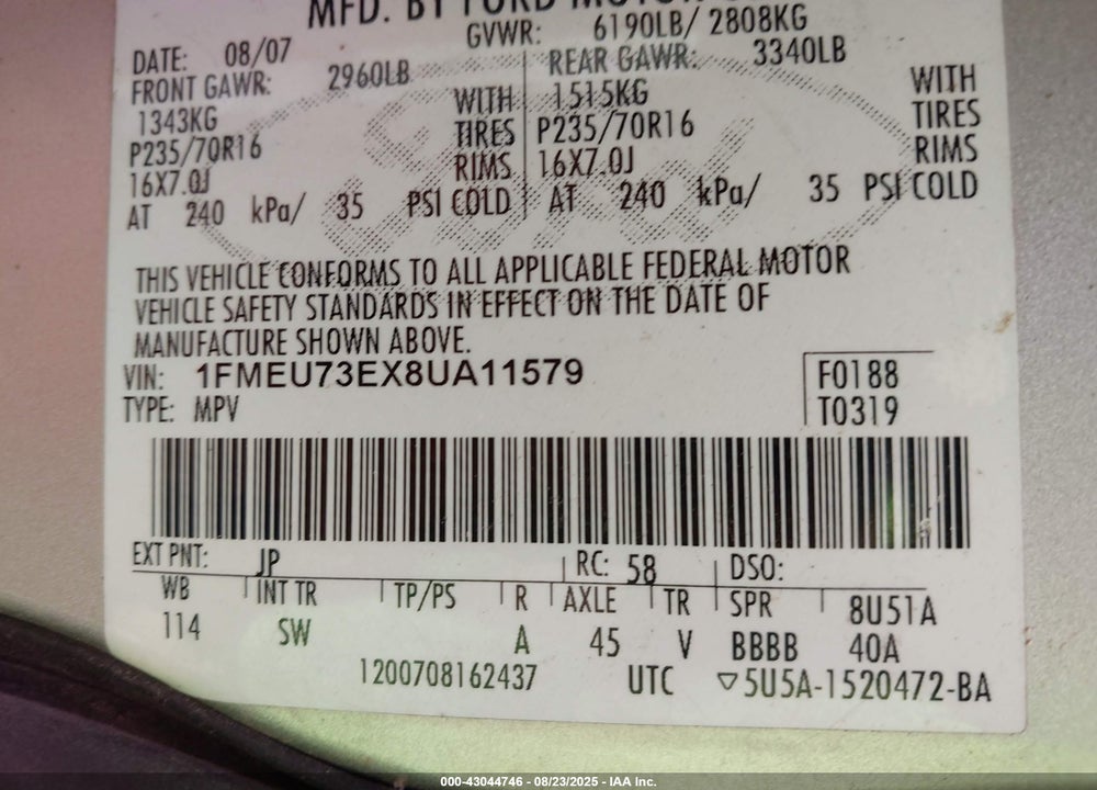 2008 FORD EXPLORER XLT VIN: 1FMEU73EX8UA11579
