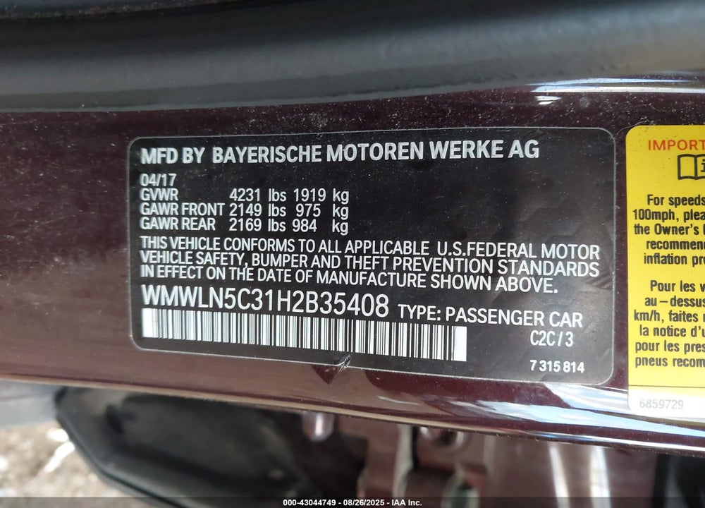 2017 MINI COOPER CLUBMAN VIN: WMWLN5C31H2B35408