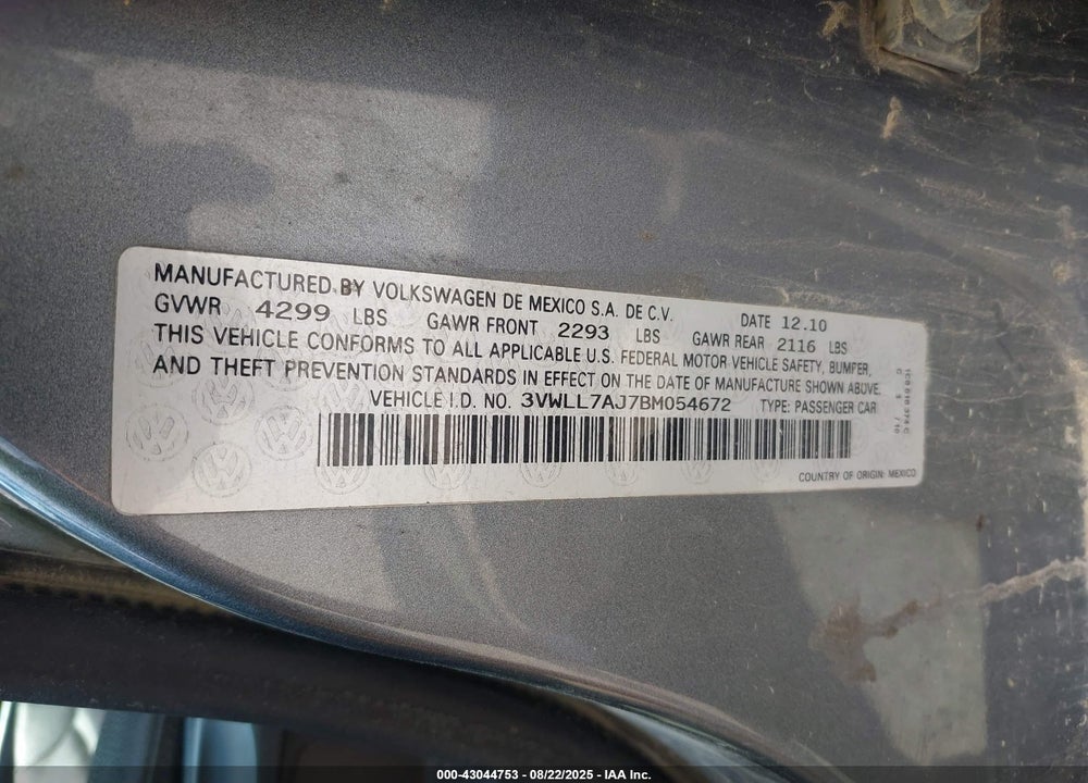 2011 VOLKSWAGEN JETTA 2.0L TDI VIN: 3VWLL7AJ7BM054672
